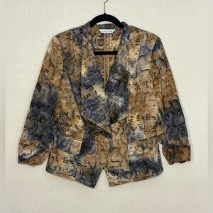 Bianca Nygard Abstract Patterned Blazer with 3/4 Ruched Sleeves & Gold Buttons